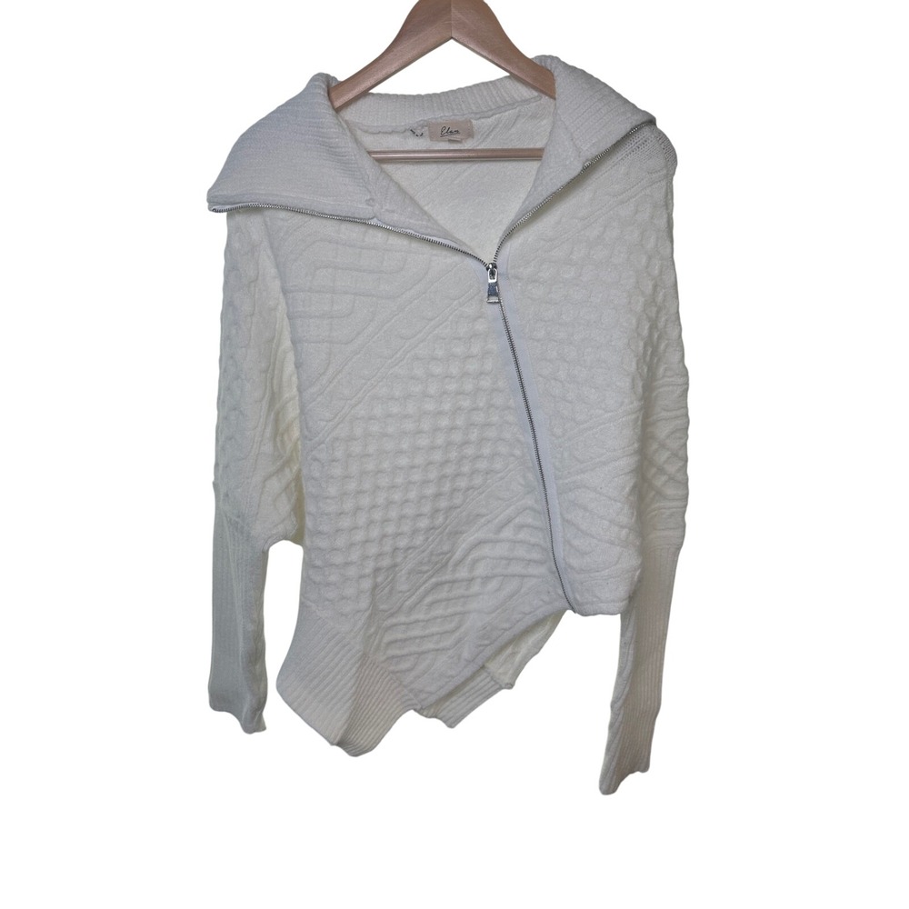 Elan White Cable Knit Asymmetrical‎ Zip Poncho Sweater Womens L Large